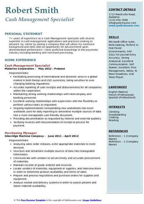 Accountant job description, free pdf sample: Cash Management Specialist Resume Samples | QwikResume