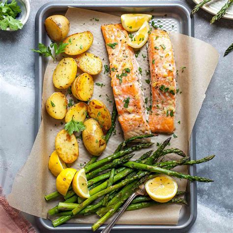 Garlic Butter Roasted Salmon With Potatoes And Asparagus Recipe Eatingwell