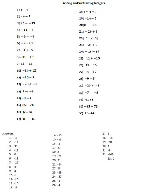Free Printable Adding And Subtracting Integers Worksheets
