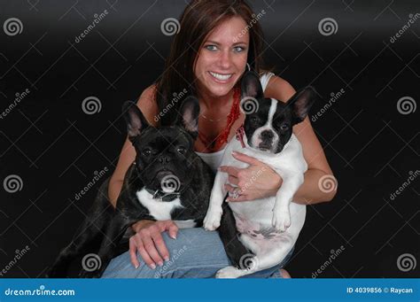 Woman Holding Two Pet Dogs Stock Photo Image Of Ears 4039856