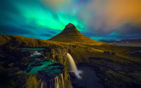 Iceland Aurorae Mountains Landscape Waterfall Rocks Kirkjufell