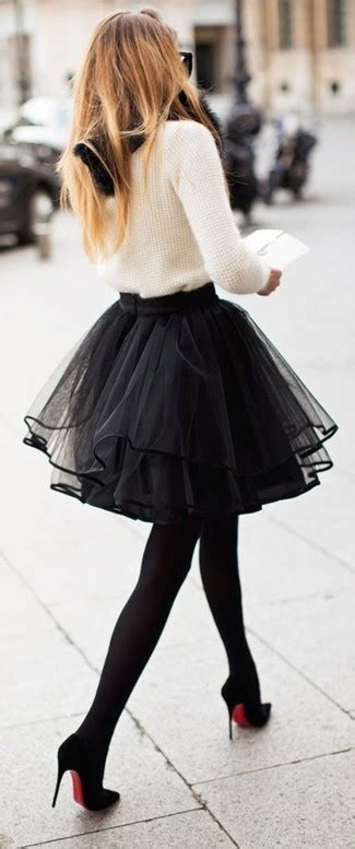 Womens White Mohair Crew Neck Sweater Black Tulle Mini Skirt Black