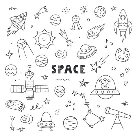 Hand Drawn Cute Space Set Doodle Sketch Style Vector Linear