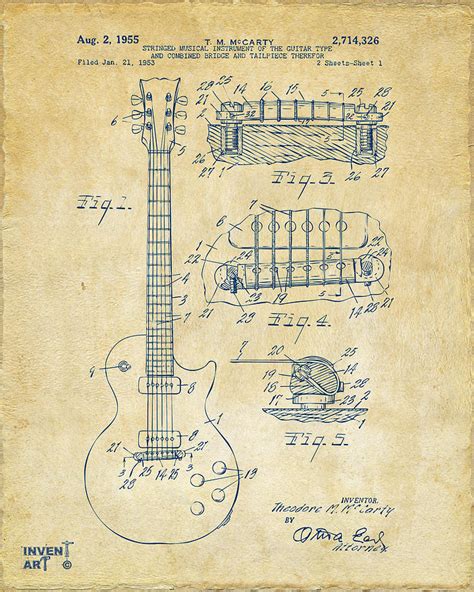 McCarty Gibson Les Paul Guitar Patent Artwork Vintage Drawing By Nikki Marie Smith Fine
