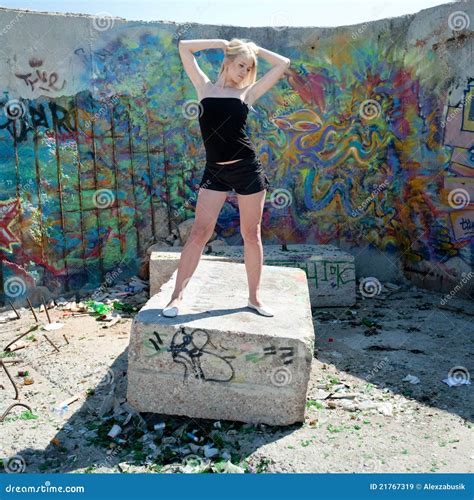 Girl In Black Posing On Background Of Graffiti Stock Image Image Of