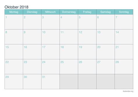 Here you will get printable september 2018 wall calendar, blank calendar for your personal & office use at free of cost from our website. Kalender Oktober 2018 zum Ausdrucken - iKalender.org
