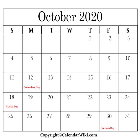 October 2020 Holidays