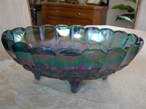 Beautiful Vintage Irridescent Blue Indiana Glass Company Large Oval Footed Bowl Indianaglassco