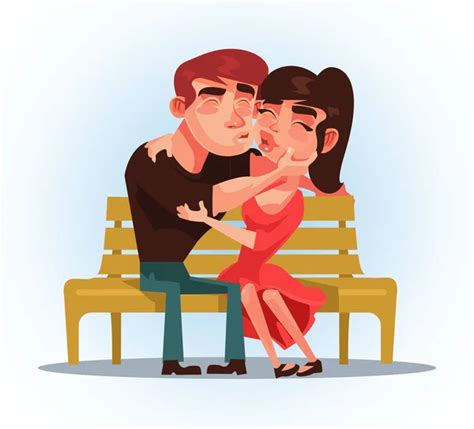 Two People Man And Woman Sitting On Bench And Kissing First Date Vector Flat Cartoon