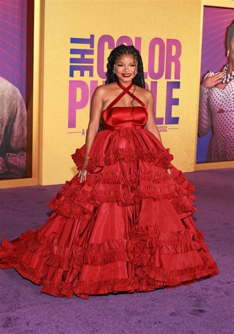 Halle Bailey Looks Royal In Red Gown At ‘the Color Purple Premiere