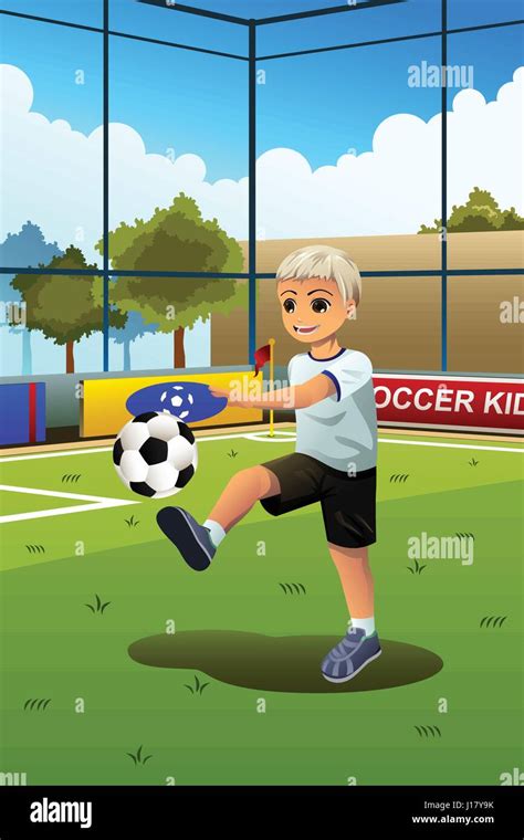 A Vector Illustration Of A Boy Soccer Player Kicking A Ball Stock