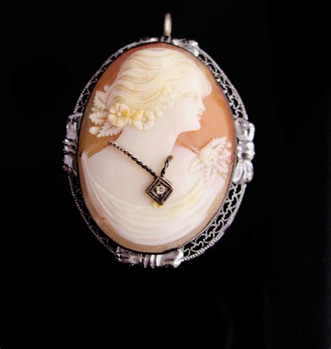 Antique Diamond Brooch Victorian Cameo Pendant Vintage Large Brooch