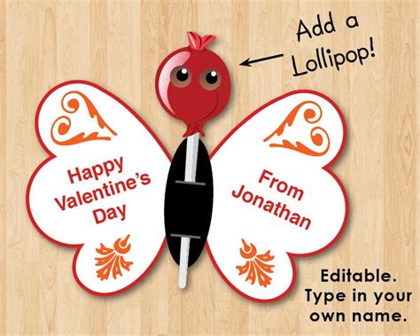 Kids Printable Valentines Lollipop Butterfly Card Instant
