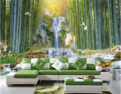 3d Wallpaper Bamboo Waterfall Waterfall Park Landscape Wall Painting