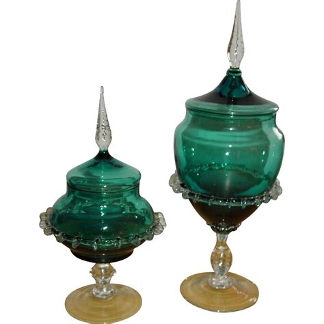 Antique Apothecary Jars Pair Teal Blue Art Glass Pedestal Compote ...