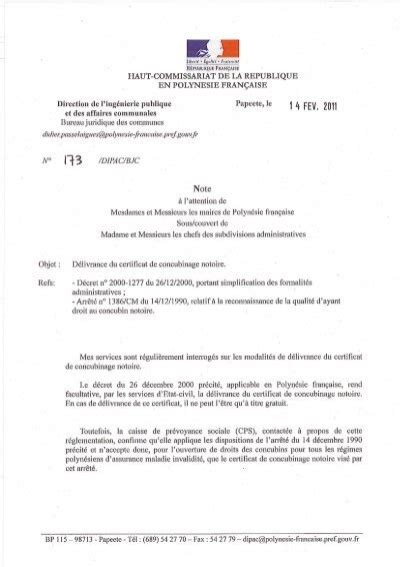 Certificat De Concubinage Notoire Note No Du Pdf