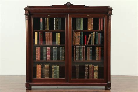 Sold Mahogany Antique Bookcase Sliding Wavy Glass Doors Signed