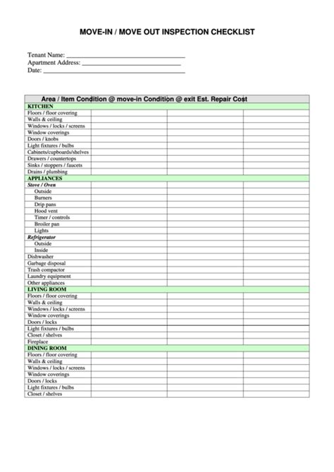 Printable Move In Inspection Checklist