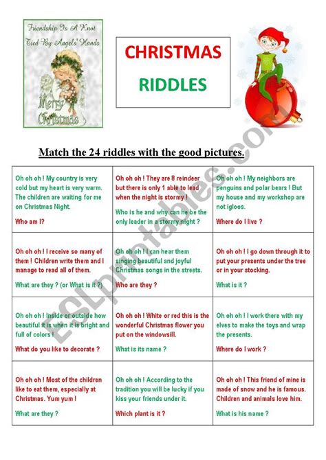 24 Christmas Riddles Or Memory Game Esl Worksheet By Maryse Peyé