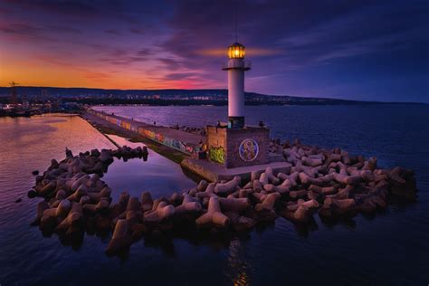 Aerial view of lighthouse at sunset in Varna, Bulgaria ...