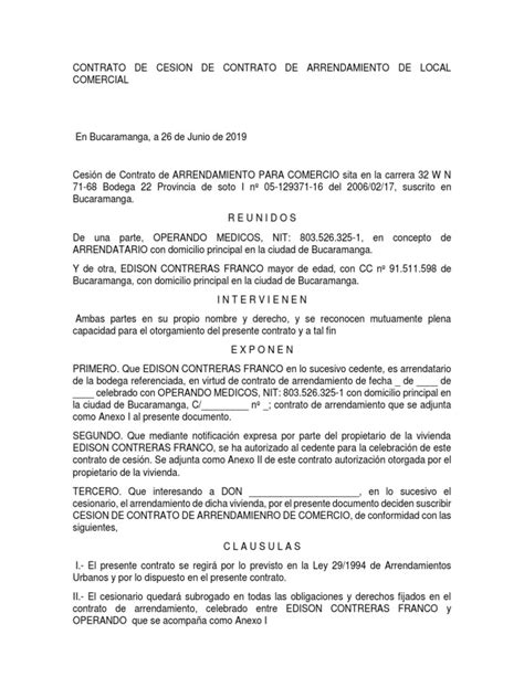 Contrato De Cesion De Contrato De Arrendamiento De Vivienda 2019