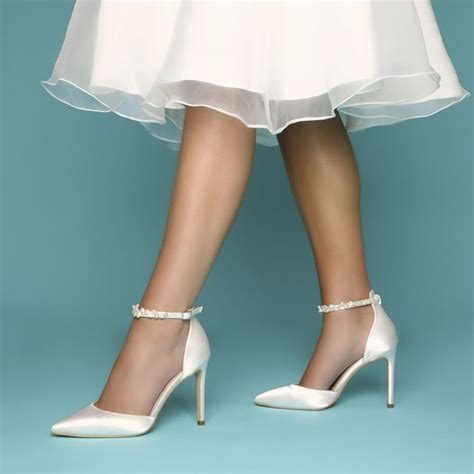 Perfect Bridal Ella Ivory Satin Keshi Pearl Ankle Strap Court Shoes Satin Wedding Shoes