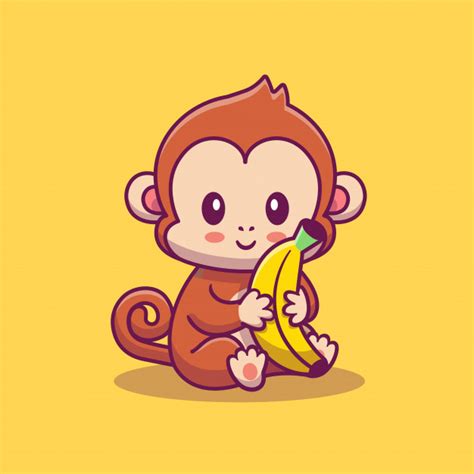 Cute Monkey Holding Banana Icon Illustration Animal Icon