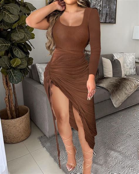 Solid Color Drawstring Ruched High Slit Bodycon Dress Online Discover