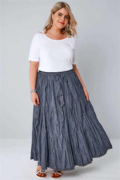 Blue Chambray Tiered Crinkle Maxi Skirt Plus Size 16 To 36