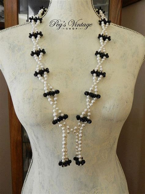 Vintage Pearl Beaded Tassel Necklace Black And White Faux Pearl Beaded