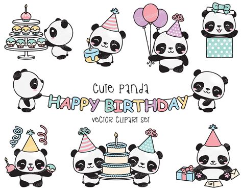 Premium Vector Clipart Kawaii Birthday Pandas Download Now Etsy Birthday Card Drawing