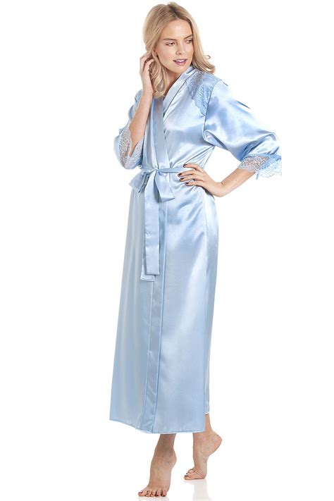 Womens Lady Olga Robe Satin Long Laced Dressing Gown Kimono Nightwear