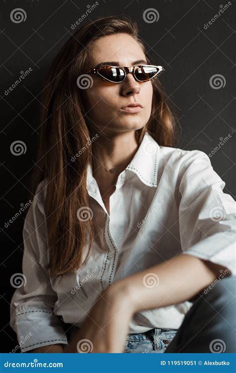 Portraits Of Beautiful Brunette Girl In Sunglasses Stock Image Image Of Portrait Hair 119519051