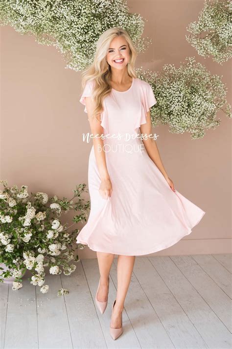 Soft Pink Ruffle Sleeve Modest Church Dress Best And Affordable