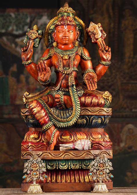 Sold Wooden Painted Vishnu Sculpture 24 94w9ap Hindu Gods And Buddha