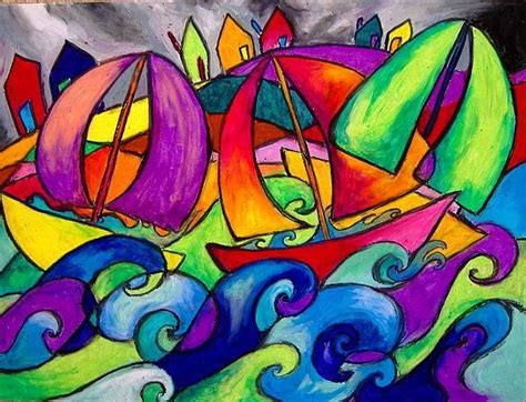 Sailboats In Stormy Seas Rainbow Art Oil Pastel Art Art Lessons