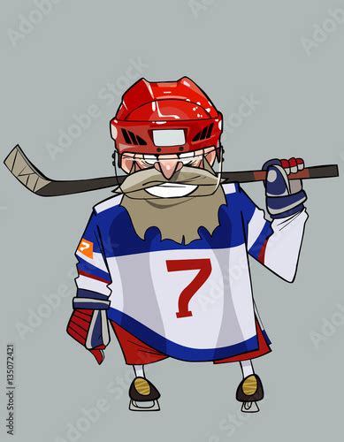Cartoon Comical Bearded Hockey Player With Hockey Stick Buy This