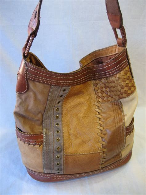 Vintage Fossil Leather Patchwork Bucket Shoulder Handbag Etsy