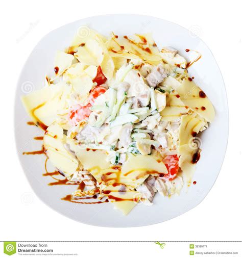 Salad With Tongue On White Dish Top View Stock Image Image Of Colors