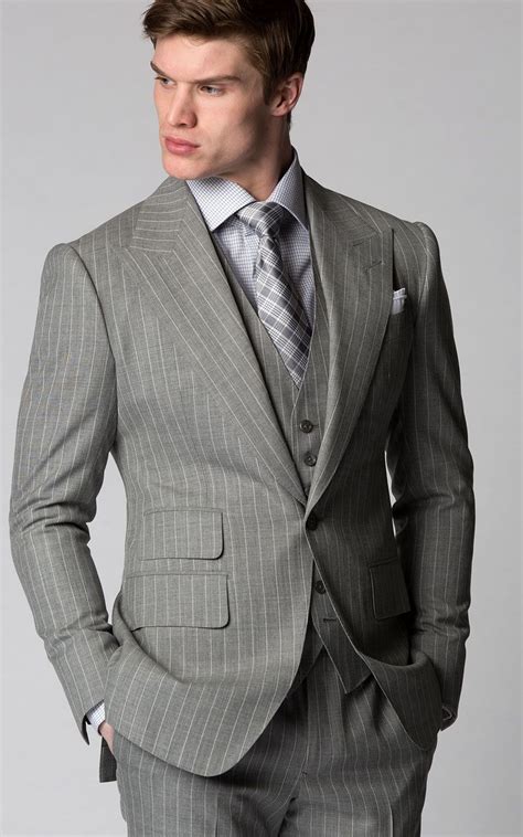custom bespoke light grey pinstripe 3 piece summer suit with peak lapels from michael andrews