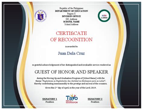 Certificate Of Recognition For Guest Of Honor And Speaker Template 1 Pdf