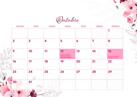 Calendario 2023 Floral Rosa Outubro Fazendo A Nossa Festa