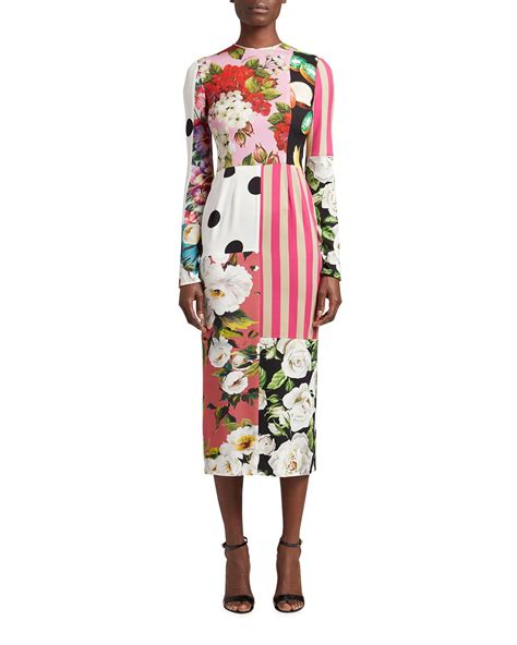 Dolce And Gabbana Patchwork Print Cady Midi Dress Neiman Marcus Scoop