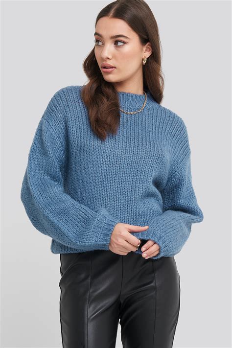 Balloon Sleeve Oversized Knitted Sweater Blue Na