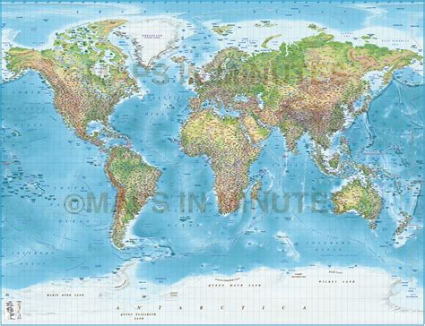 Digital Vector Political World Map With Relief Terrain For Land And