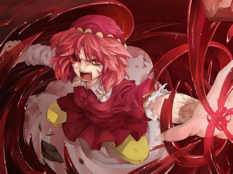 Video Games Touhou Red Dress Tears Stones Destruction Pink Hair Red Eyes Short Hair