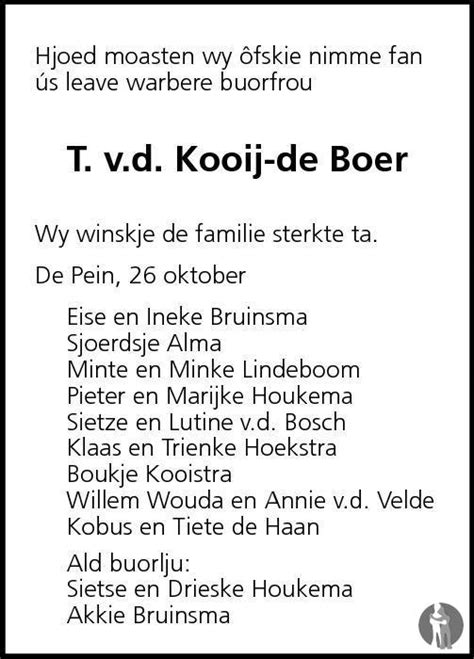Trijntje Van Der Kooij De Boer 26 10 2012 Overlijdensbericht En