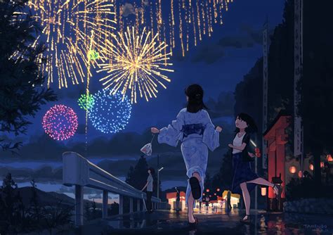Festival Fireworks Japanese Clothes Night Original Scenic Signed Summer