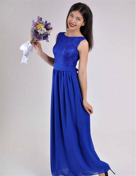 Long Evening Dress Cobalt Blue Wedding Dress Lace Chiffon Bridesmaid