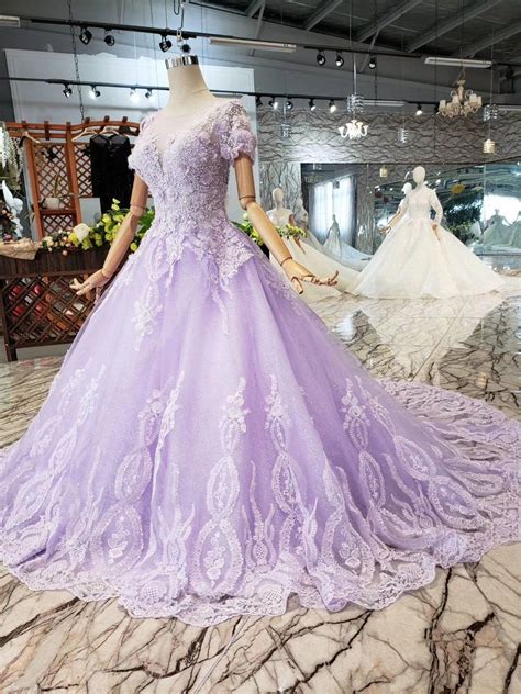 Light Purple Lace Middle Waist Short Sleeve Long Tail Wedding Dress Purple Wedding Dress